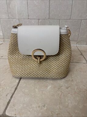 White & Natural Woven Crossbody Bag with Gold Ring Accent